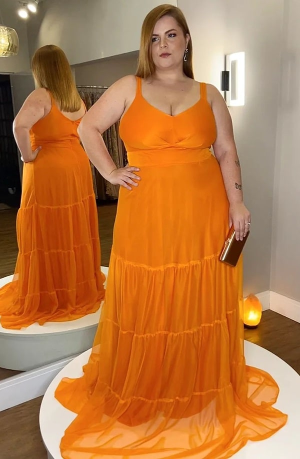 vestido de festa plus size laranja