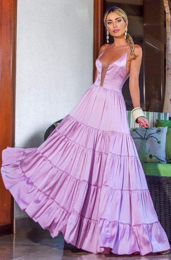 vestido longo lilás simples para madrinha de casamento