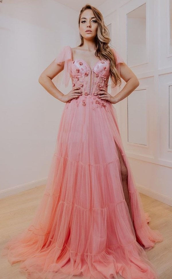 Vestido longo rosa com corselete bordado com flores 3D para madrinha de casamento