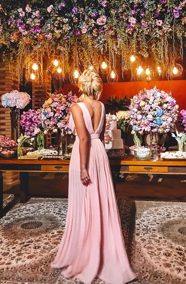 vestido de festa longo rose plissado para madrinha de casamento