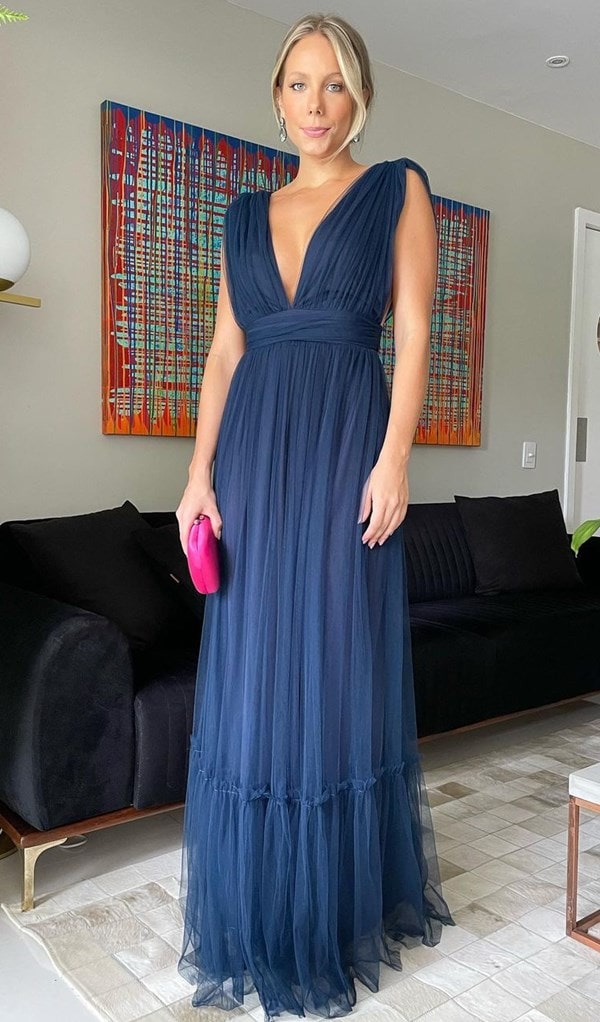 vestido longo azul marinho simples para madrinha de casamento