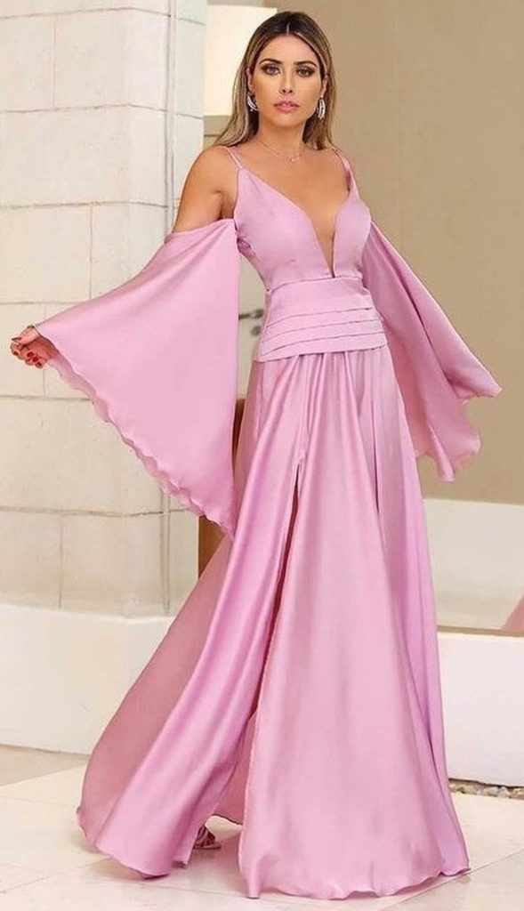 vestido de festa longo rosa com manga soltinha para madrinha de casamento na praia