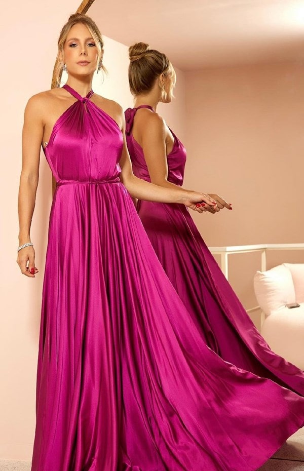 vestido longo pink em tecido com brilho
