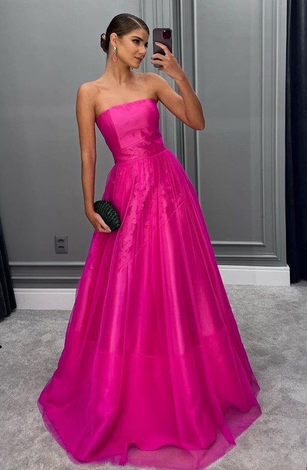 vestido de festa longo rosa pink com decote tomara que caia