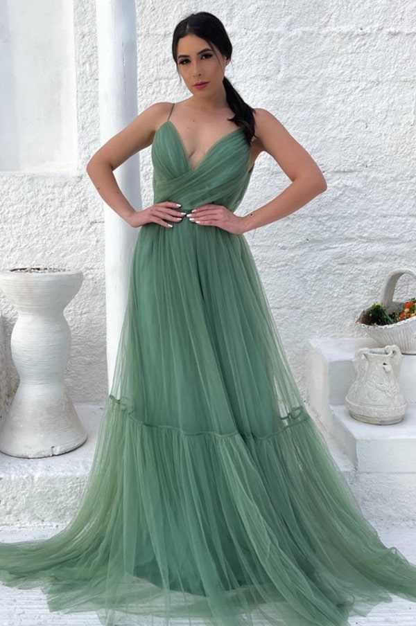 vestido longo verde oliva de tule para madrinha de casamento