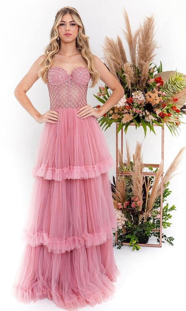 vestido de festa longo rosa antigo com corpete bordado e saia de tule em camadas