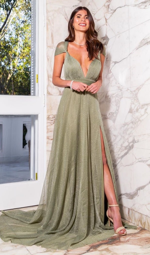 vestido de festa longo verde oliva com brilho