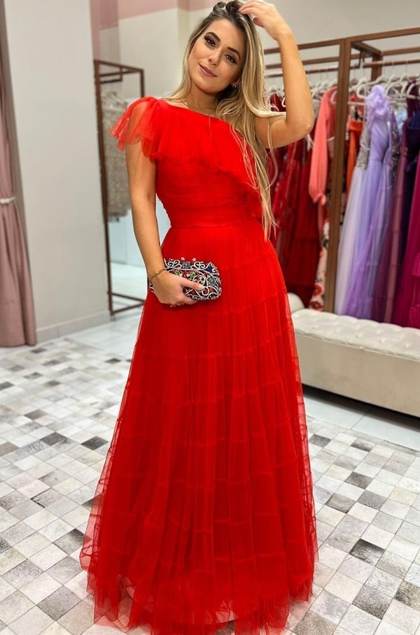 vestido de festa longo vermelho de tule modelo um ombro só para casamento dia