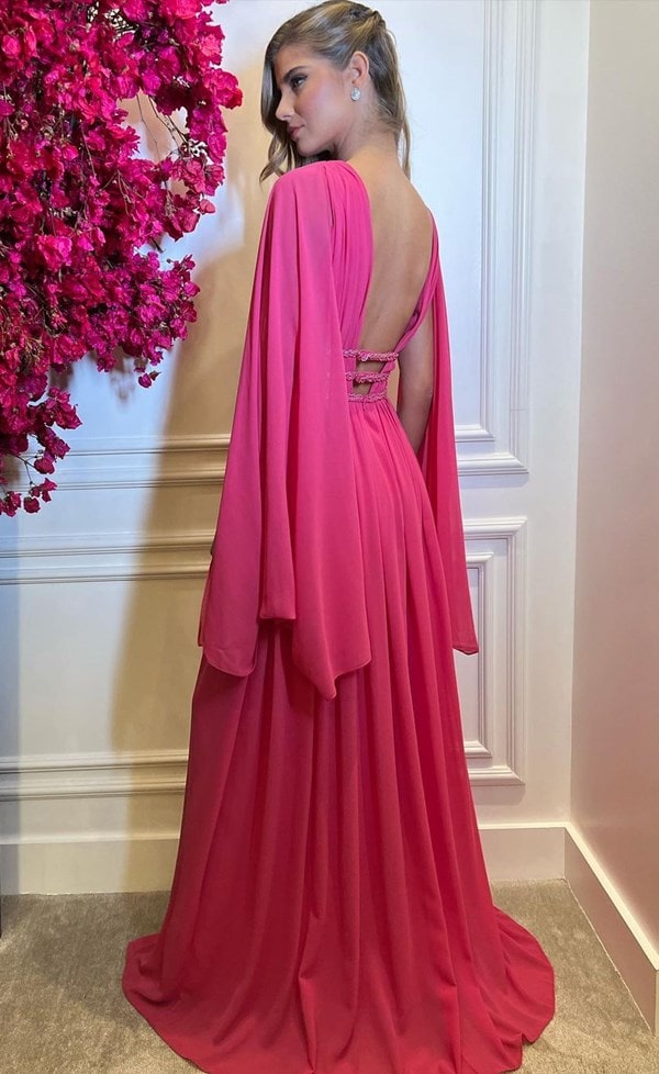 vestido de festa longo pink com manga capa