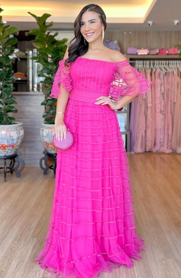 vestido de festa pink com manga curta de tule para madrinha de casamento