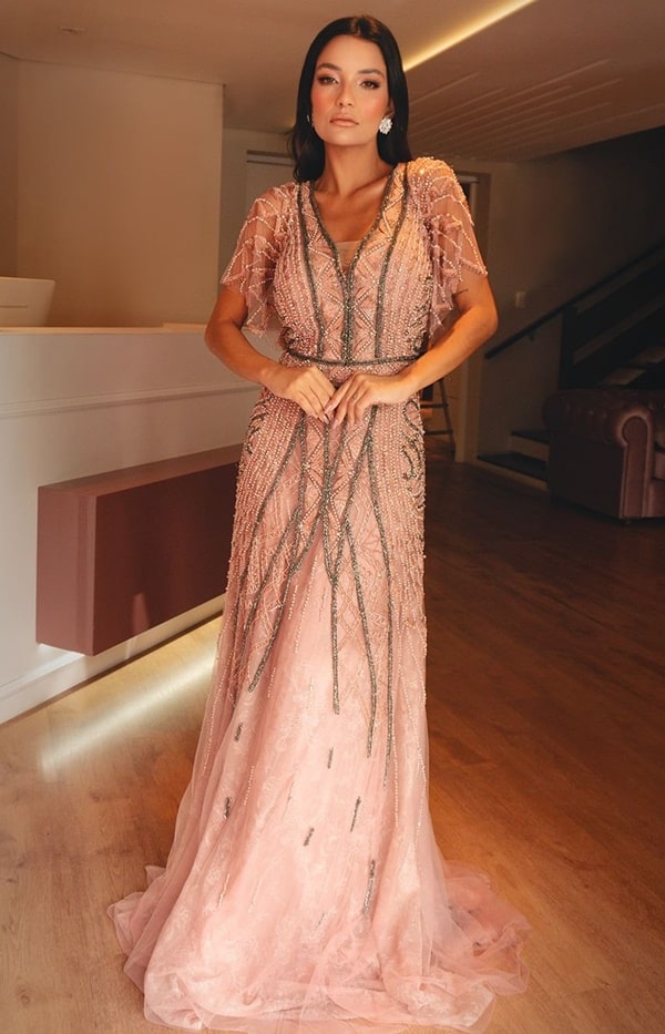vestido de festa longo rose bordado com manga curta