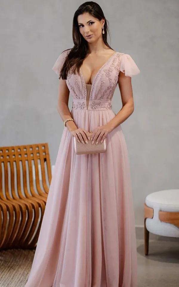 vestido rose com manga curta para madrinha de casamento