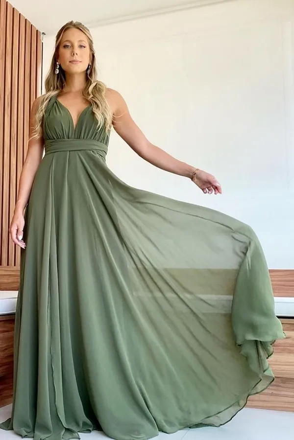 vestido de festa longo multiformas verde oliva